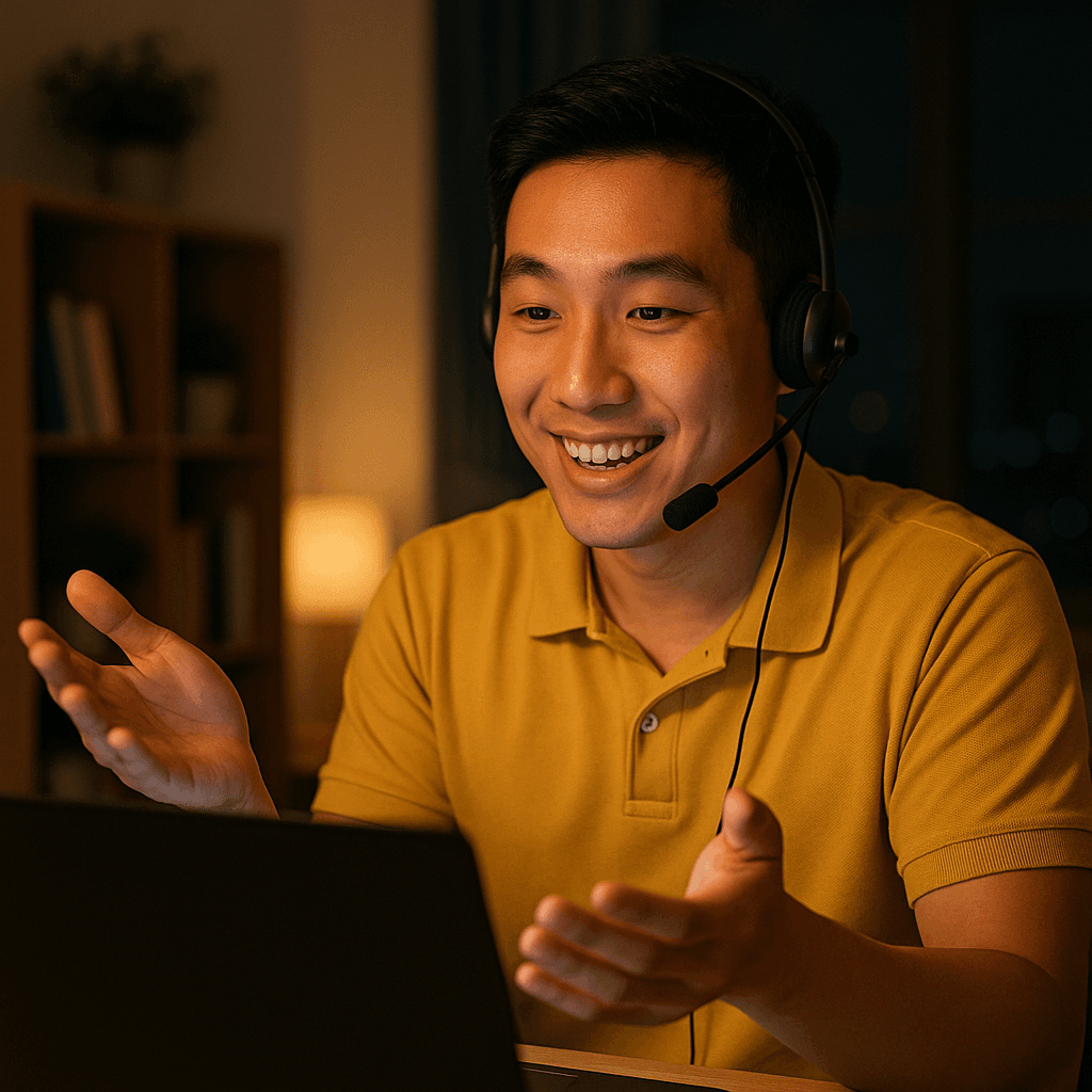 A cheerful virtual admin assistant wearing a headset talks during a video call, displayed beside him on a yellow background – ideal for content related to admin assistant jobs.