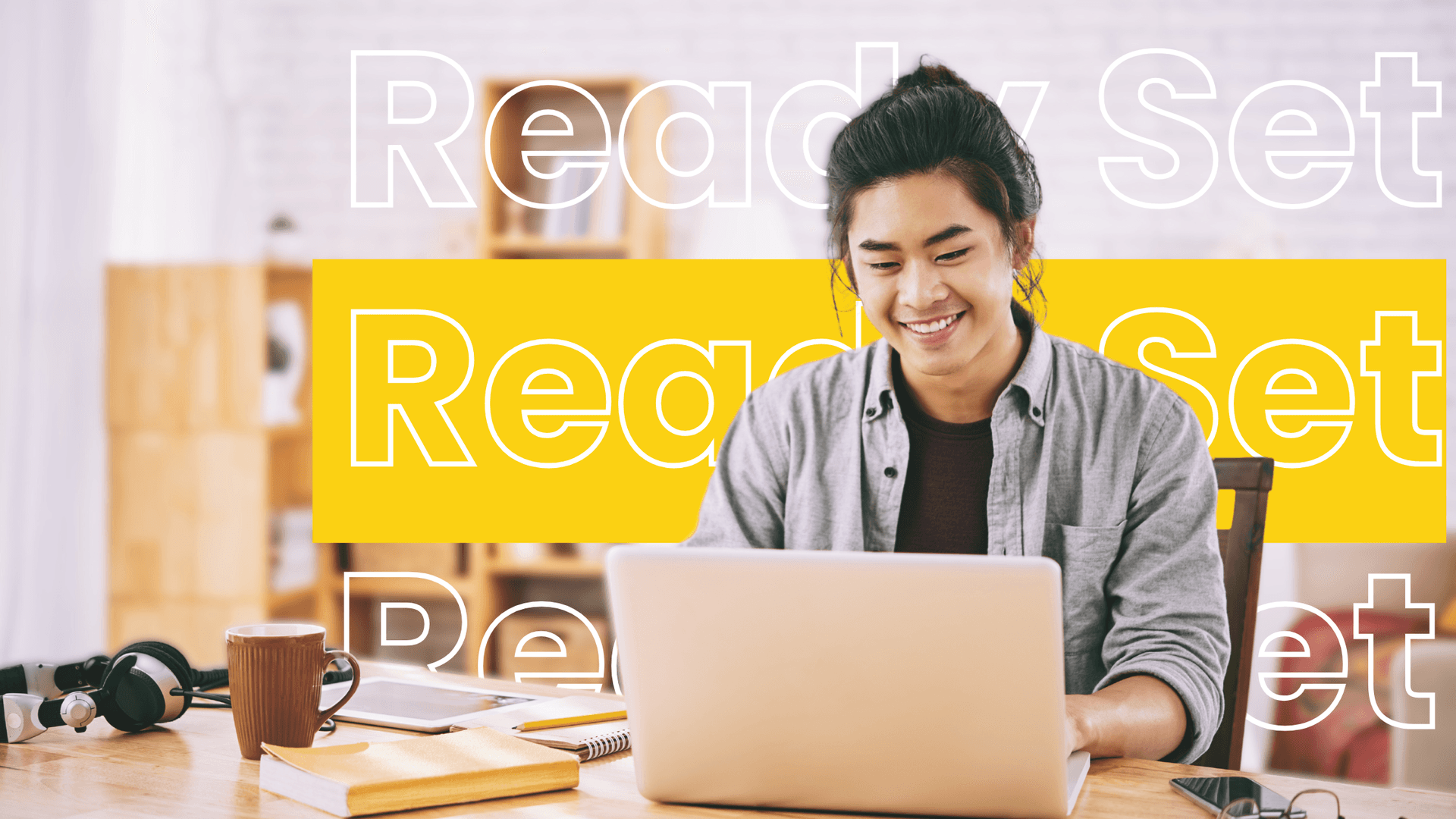 A smiling remote worker in a casual button-up shirt, working on a laptop in a home office setup. The "Ready Set" text is displayed in the background, representing virtual assistant services.